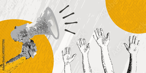 A loudspeaker directs sound towards many raised hands in a graphic illustration