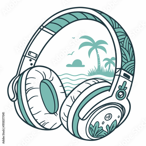 A pair of headphones with a tropical beach scene on the ear cushions Vector