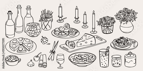 A detailed black and white illustration of a festive table spread