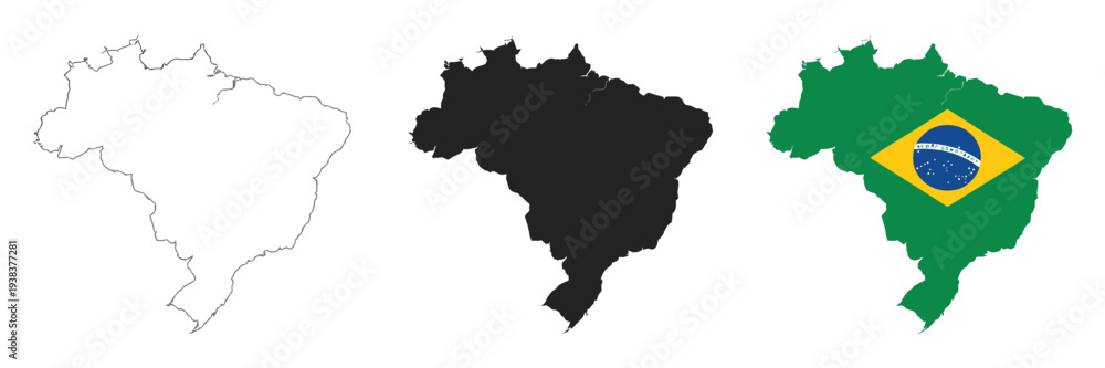 Fototapeta premium Brazil Map Signs Collection – Line, Solid and Flag Design