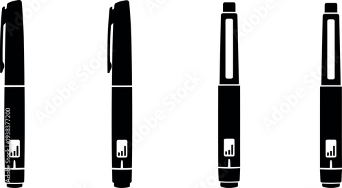 Insulin Pen Vector Icon Set - Medical Auto-Injector Silhouettes for Diabetes Treatment and Healthcare