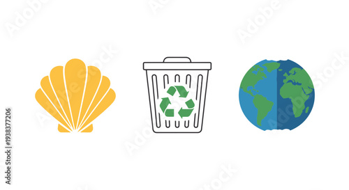 Seashell Recycling Bin and Planet Earth Symbolizing Environmental Protection and Global Ecological Awareness Concept