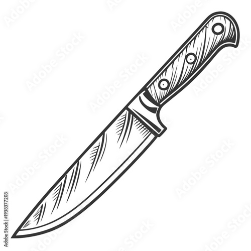 A large, sharp knife with a wooden handle and intricate designs on the blade. Vector