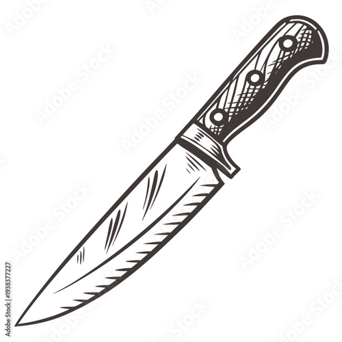 A sharp and intricately designed knife with a wooden handle and a serrated blade. Vector