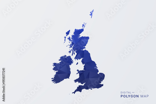 United Kingdom Map - Polygon Style Vector Illustration in Deep Blue Gradient, Low Poly Geometric Design, Clean Silhouette Isolated on White Background for Infographics.