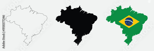 Brazil Country Map Icons – Outline, Filled and Flag Style Vector