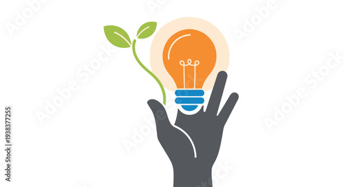 Hand Cradling a Bright Glowing Lightbulb with a Green Plant Growing Symbolizing Sustainable New Ideas and Ecological Innovation for Environment