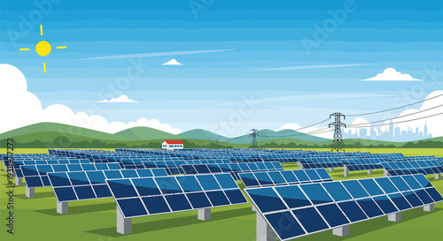 Solar Panels Generating Clean Energy in Rural Landscape with Hills and Power Lines