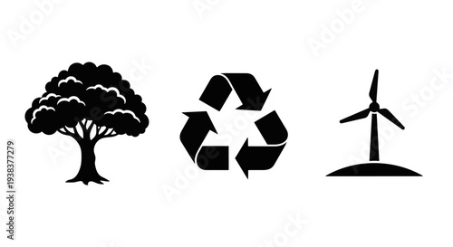 Green Energy and Nature Conservation Concept with Recycling Symbol a Leafy Tree and a Modern Wind Turbine Silhouette