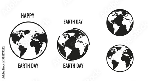 Happy Earth Day Message with Stylized Black and White World Globes Depicting Continents and Oceans for Global Awareness