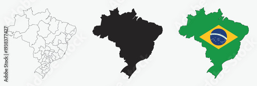 Brazil Map Icon Set in Outline, Solid and Flag Style – Vector Illustration