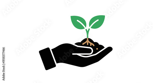 Open Hand Supporting a Small Green Sprout with Healthy Leaves and Detailed Roots Emerging from Dark Soil Representing New Life