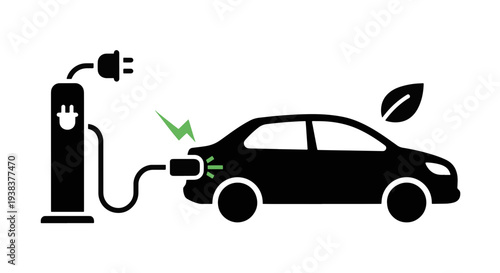 Sustainable Electric Car Powering Up at Charging Station Featuring Green Leaf Icon for Ecological Energy