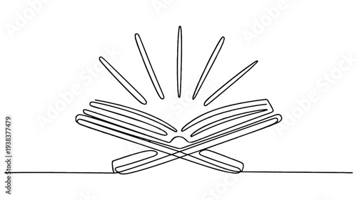 line drawing of an open book with sunburst on transparent background