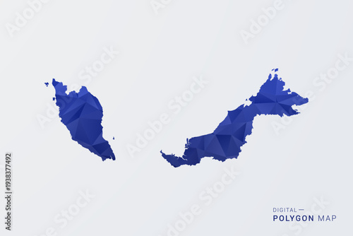 Malaysia Map - Polygon Style Vector Illustration in Deep Blue Gradient, Low Poly Geometric Design, Clean Silhouette Isolated on White Background for Infographics.