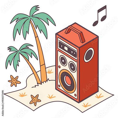 A tropical beach scene with a vintage radio playing music under palm trees Vector