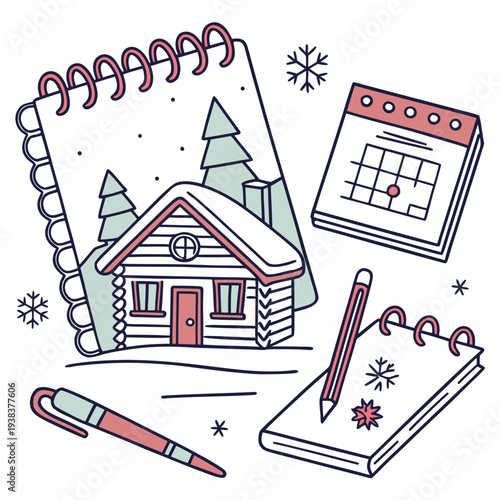 A charming house with a red roof surrounded by festive decorations and holiday essentials. Vector