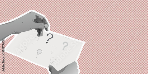 A hand holding a paper with question marks and simple drawings