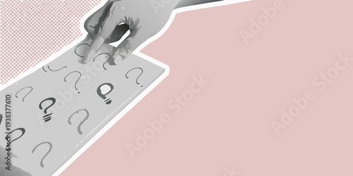 Abstract depiction of a hand reaching towards scattered question marks