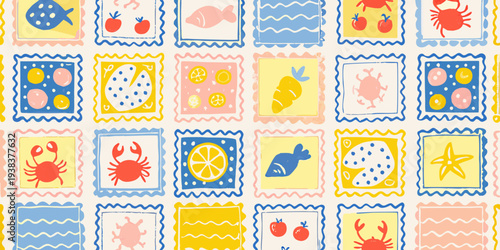 Colorful postage stamps featuring various marine life and fruit designs