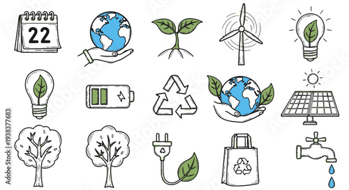 Hand drawn Collection of Green Energy and Eco friendly Conservation Symbols for Sustainable Environment Concepts