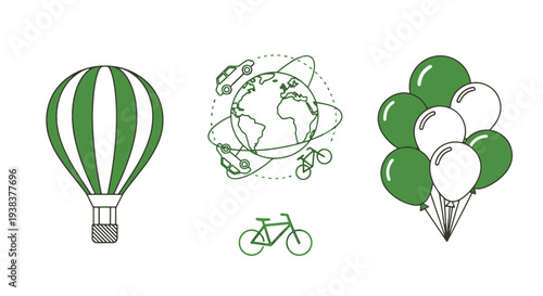 Global Sustainable Travel Concept Featuring Hot Air Balloon Earth Car Bicycle and Festive Floating Balloons