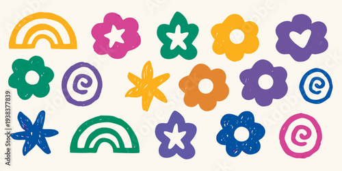 Colorful collection of hand drawn shapes and floral designs on a cream background