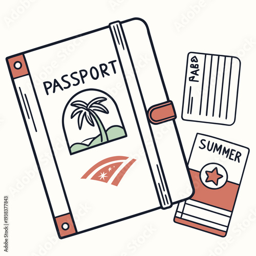 A passport, boarding pass, and travel ticket on a wooden surface. Vector