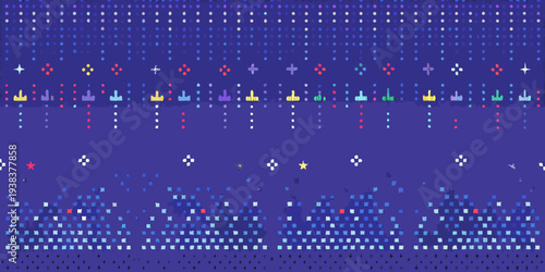 Abstract pixel art background with various colorful shapes and patterns