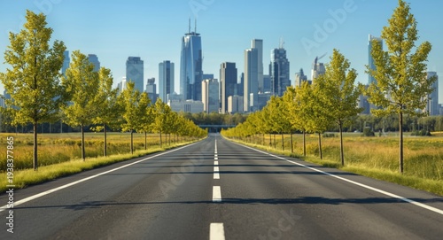 Asphalt highway flanked by young leafy trees and bright grass patches with a blurred metropolitan skyline