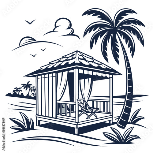 A serene beach hut nestled among palm trees with a clear blue sky overhead. Vector