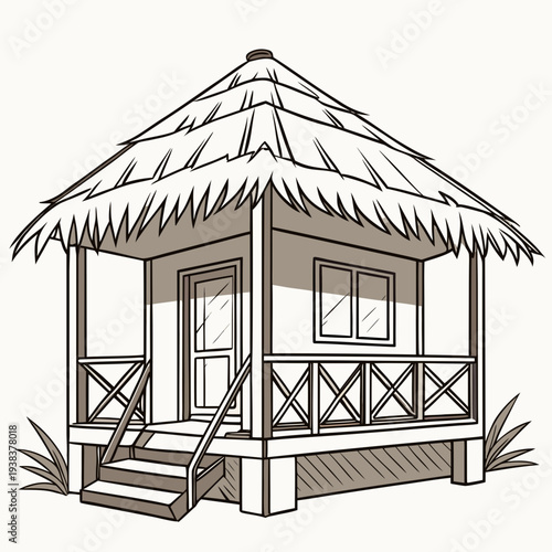 A serene beach hut with a thatched roof and wooden deck overlooking the ocean. Vector