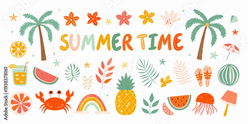 Playful summer illustration with tropical fruits palm trees and ocean elements