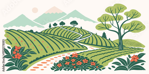 A picturesque landscape of rolling hills and lush greenery under a clear blue sky Vector