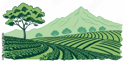 A serene landscape of lush green hills and a majestic mountain in the distance. Vector