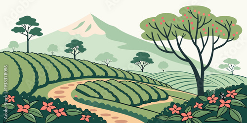 A serene landscape of rolling hills covered in lush green trees and fields Vector