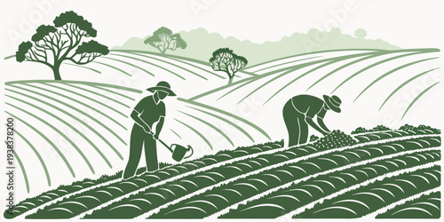 A serene depiction of rural life with farmers tending to their crops under a clear sky. Vector