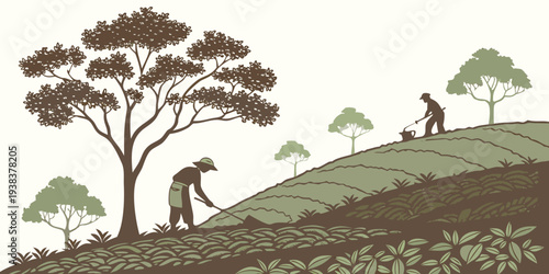 A serene landscape with animals grazing on a hillside under a clear sky. Vector