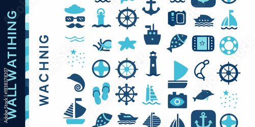 Collection of nautical themed icons and symbols in blue shades