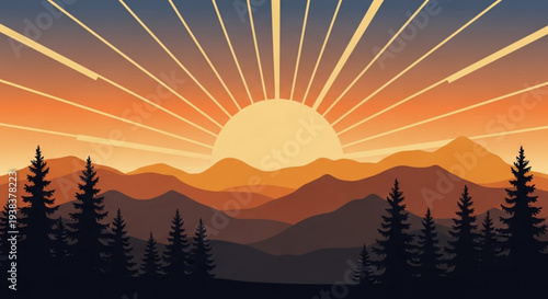 Vibrant sunset over mountain range with silhouetted trees warm orange and yellow hues serene natural landscape