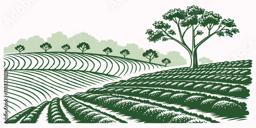 A serene landscape with trees, a river, and rolling hills under a clear sky Vector