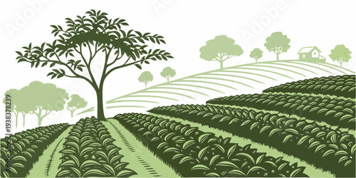 A serene landscape with a single tree standing tall on a hillside surrounded by lush greenery Vector