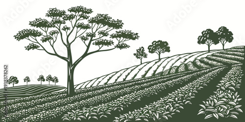 A serene landscape with trees on a hillside under a clear sky. Vector