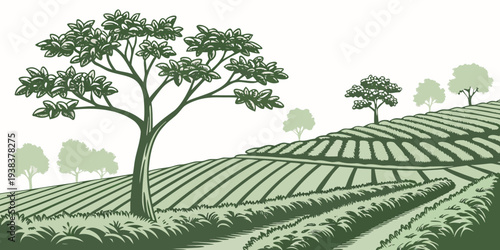 A serene landscape featuring a single tree standing tall on a lush green hillside. Vector