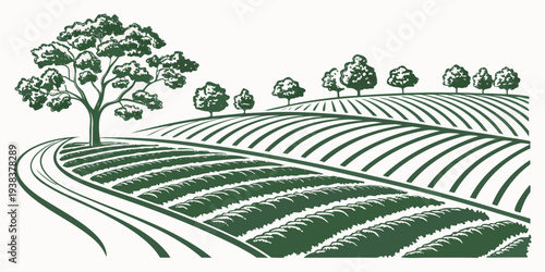 A serene landscape with rolling hills and scattered trees under a clear sky Vector