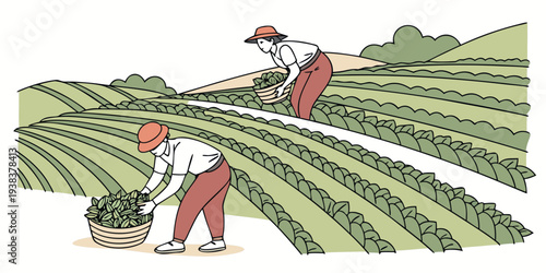 A detailed illustration of a farming landscape with a tractor and a farmer. Vector
