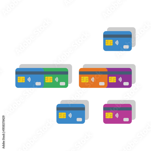 A colorful arrangement of six plastic credit cards with chip and contactless symbols displayed high quality professional detailed modern elegant stylish