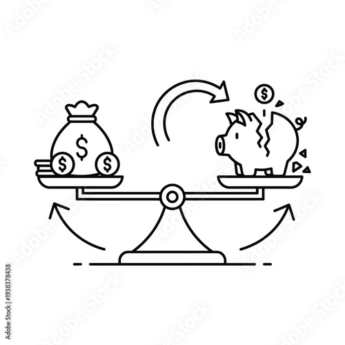 Balance Scale Weighing Money Bag Against Broken Piggy Bank.