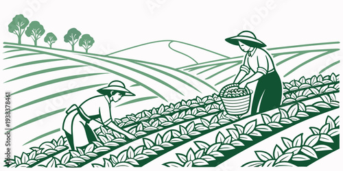 Farmers cultivate crops in a vast, undulating field under a clear blue sky. Vector