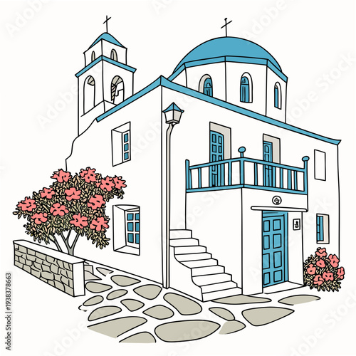 A picturesque greek island church with vibrant blue domes and a red roof. Vector